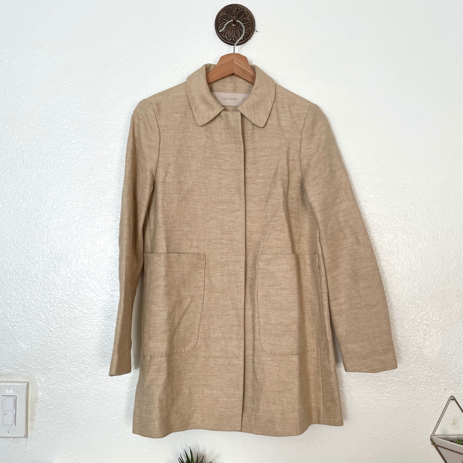Zara Basic Tan Linen Blend Hidden Button Front Coat Jacket Xs Beige Pockets